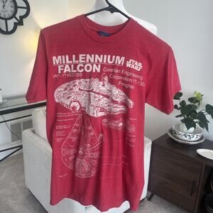 Star Wars Men T Shirt Red Graphic Millennium Falcon Blueprint Short Sleeve Sz S